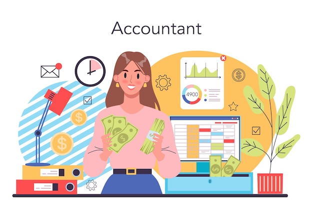 Accountant concept Professional bookkeeper Tax calculating and financial analysis Business character making financial operation Vector illustration