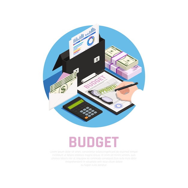 Free Vector accounting isomeric round composition with budget calculation on blue