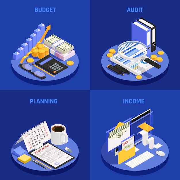 Free vector accounting isometric design concept with budget and audit planning and income blue