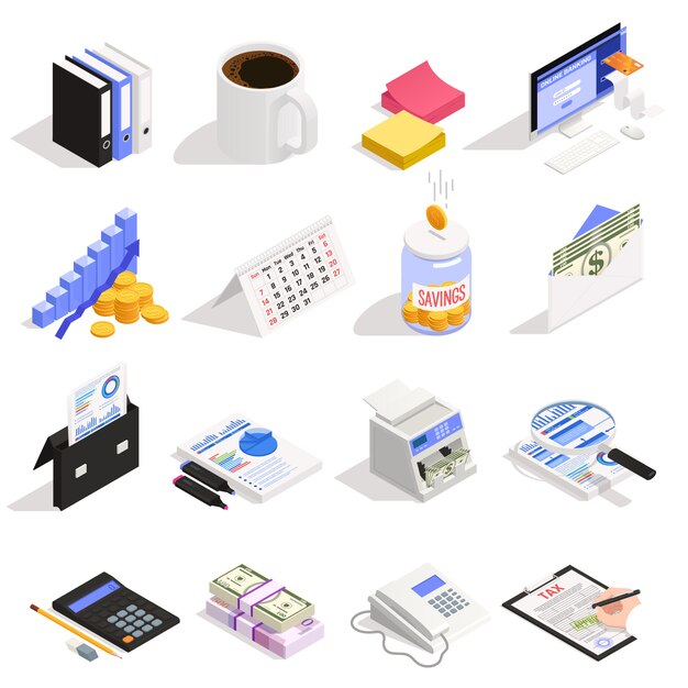 Accounting set of isometric icons with money savings online banking tax calculation and documentation