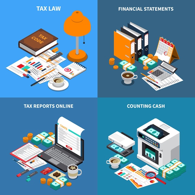 Free Vector accounting tax 4 isometric compositions concept with financial statements reports online and cash counting machine