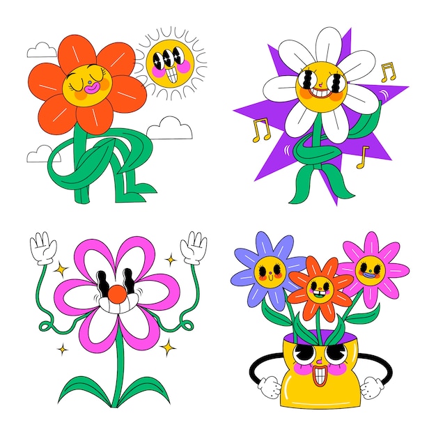 Free Vector acid flowers stickers collection