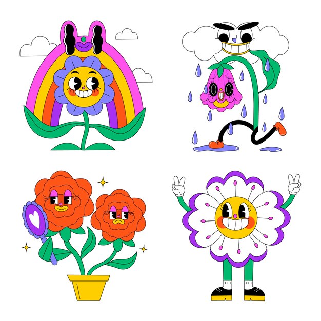 Free Vector acid flowers stickers collection