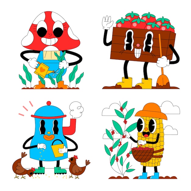 Free Vector acid fruit and vegetables sticker set