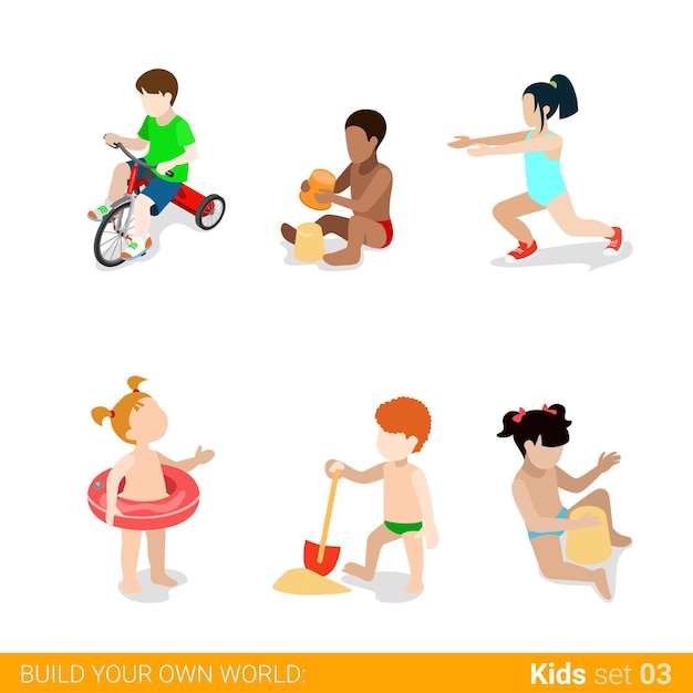 Free Vector active beach vacation children at play parenting  web infographic concept  icon set.