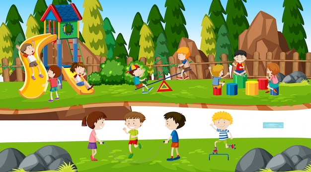 Free vector active boys and girls playing sport and fun activities outside