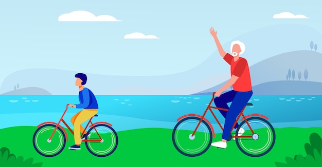 Active grandfather and grandson riding bikes together. Old man and boy cycling outdoors flat vector illustration. Lifestyle, activity, family concept 