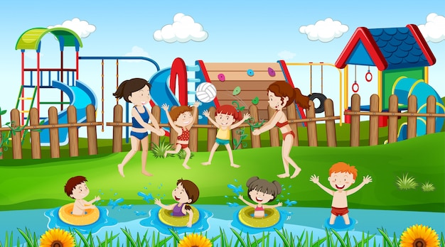 Free Vector active kids playing in outdoor scene