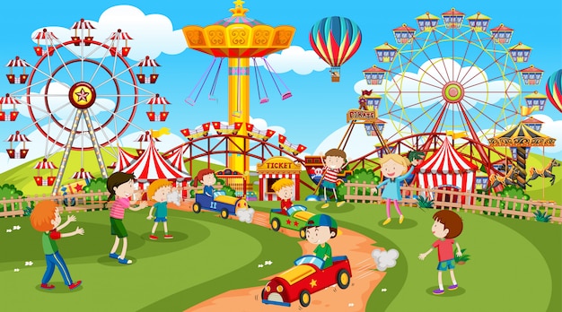 Free Vector active kids playing in outdoor scene