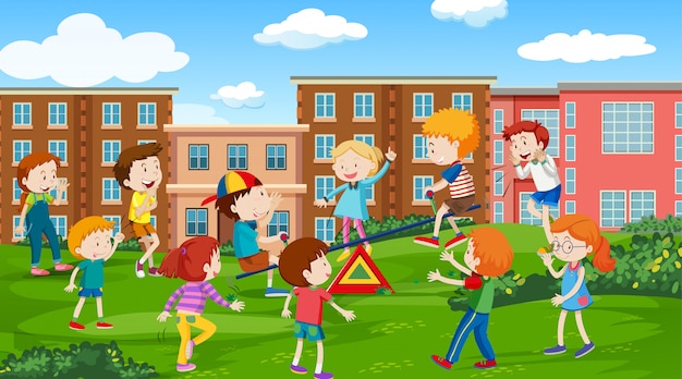 Free Vector active kids playing in outdoor scene