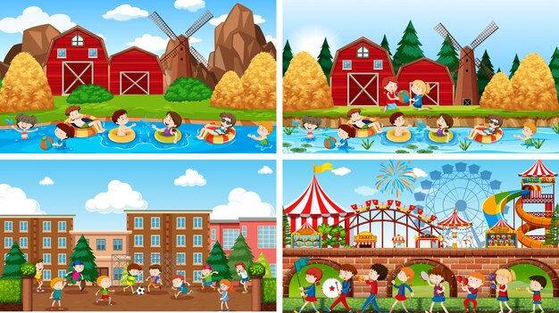 Free Vector active kids playing in outdoor scene