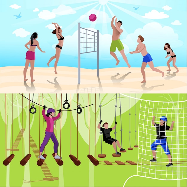 Active leisure people composition with volleyball and climbing in flat style 