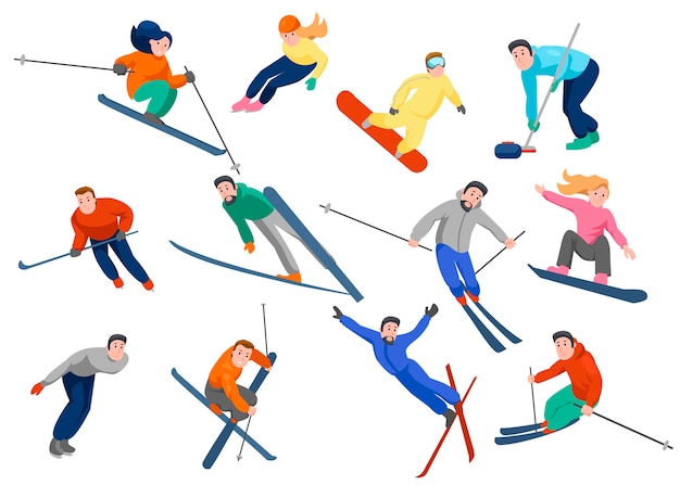 Active people doing sport such as skate, skiing, snowboarding, curling. Male and female characters in different poses and winter equipment cartoon vector illustration set. Winter activities concept