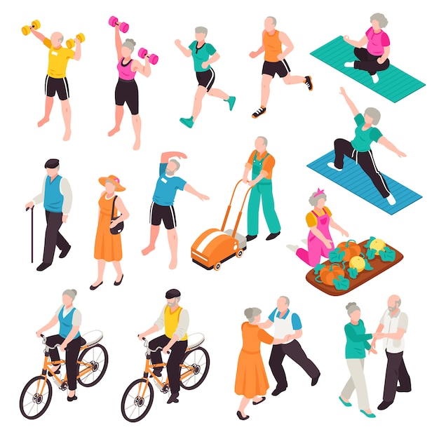 Free Vector active senior people set with sports and recreation symbols isometric isolated