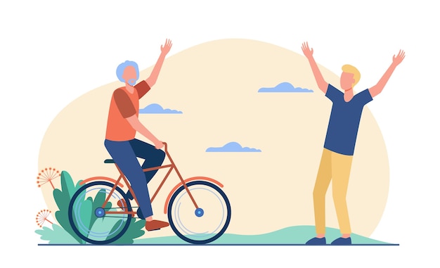 Active senior and young men meeting outdoors. Riding bike, father and son flat vector illustration. Lifestyle, relationship, activity concept 