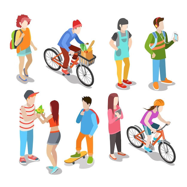 Active urban young casual street people flat isometric