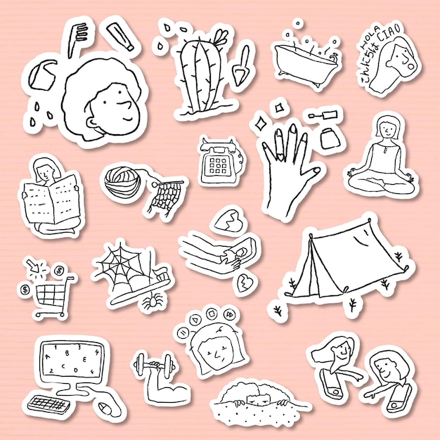 Activities at home doodle style sticker set