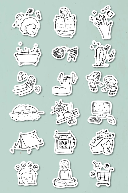 Free Vector activities at home doodle style sticker vector set