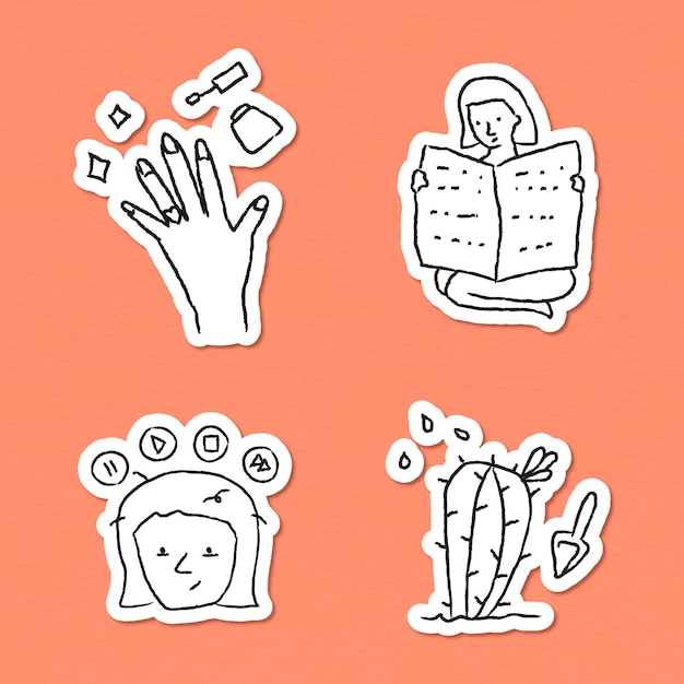 Free Vector activities at home doodle style sticker vector set