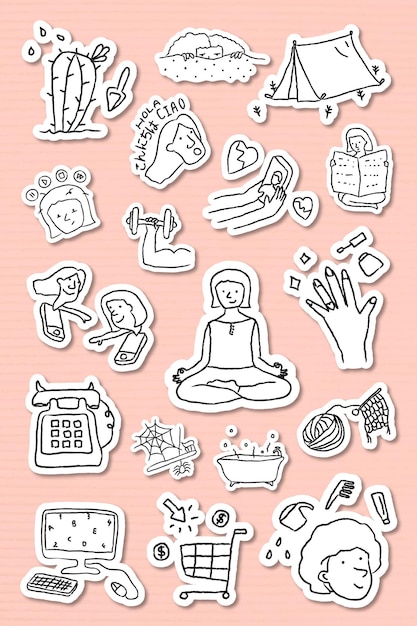 Free Vector activities at home doodle style sticker vector set