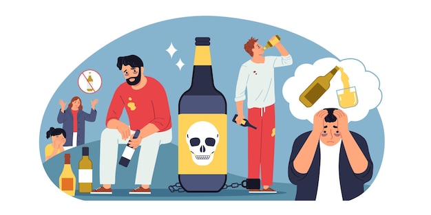 Free vector addiction composition with doodle human characters of addicted people drinking alcoholic beverage drinks with prohibition signs vector illustration