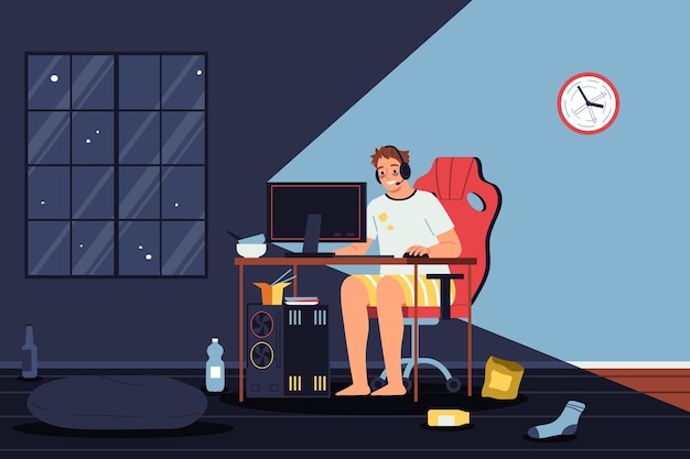 Free Vector addiction composition with nocturnal living room scenery with window and young man sitting at computer table vector illustration