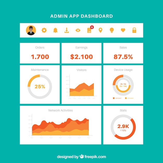 Admin app dashboard template with flat design