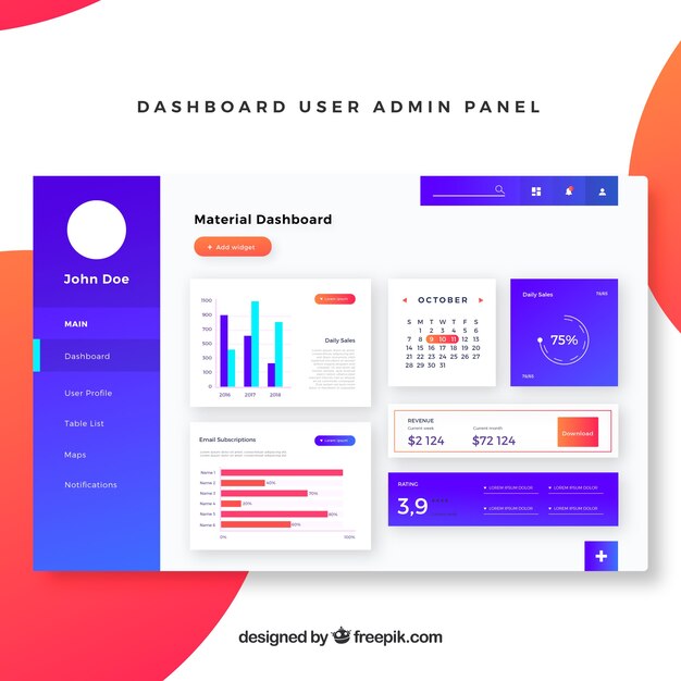 Admin dashboard panel with flat design