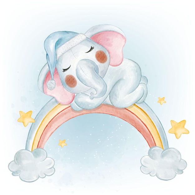 Free Vector adorable baby elephant sleeping on the rainbow watercolor