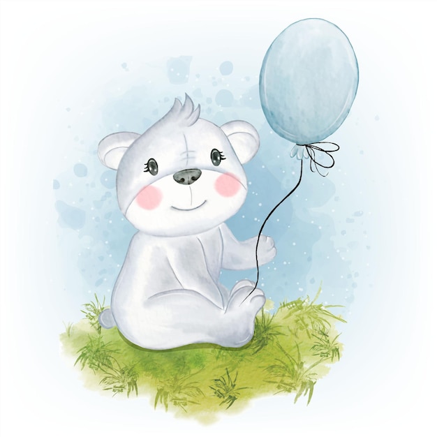 Free vector adorable baby koala with blue balloon watercolor