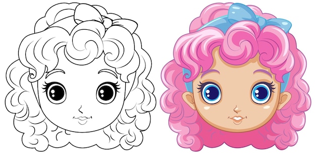 Free vector adorable girl with curly hair outline for colouring