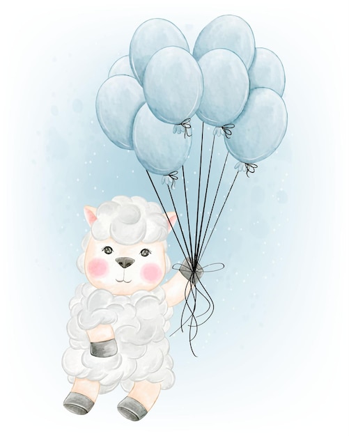 Free vector adorable sheep holding balloon watercolor