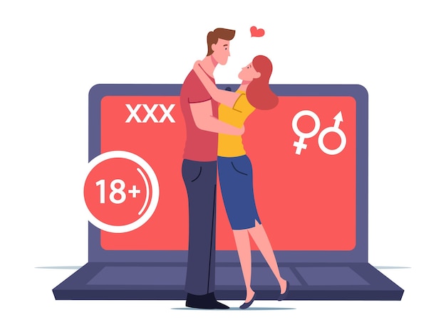 Adult Sensitive Content illustration. Tiny Male Female Characters Kissing at Huge Laptop