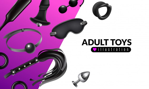 Adult toys illustration with fetish stuff for role playing and bdsm set realistic  illustration