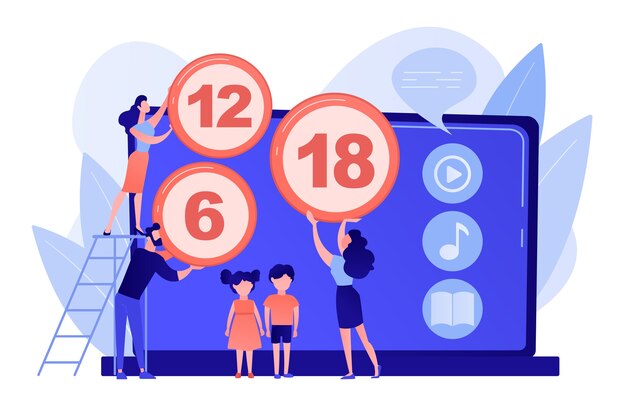 Adults rating content for children with age restriction signs. Content rating system, age limitation content, censorship classification concept