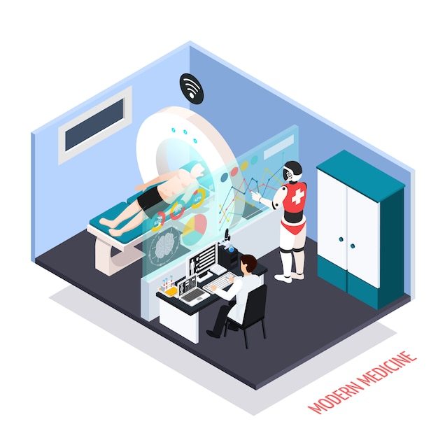 Free Vector advanced medical technologies isometric composition with robotic assisted mri scanner diagnostics tests controlled by operator illustration