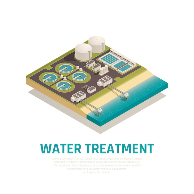 Advanced water treatment plant isometric composition with settling basins filtration separation oxidation wastewater purification facilities