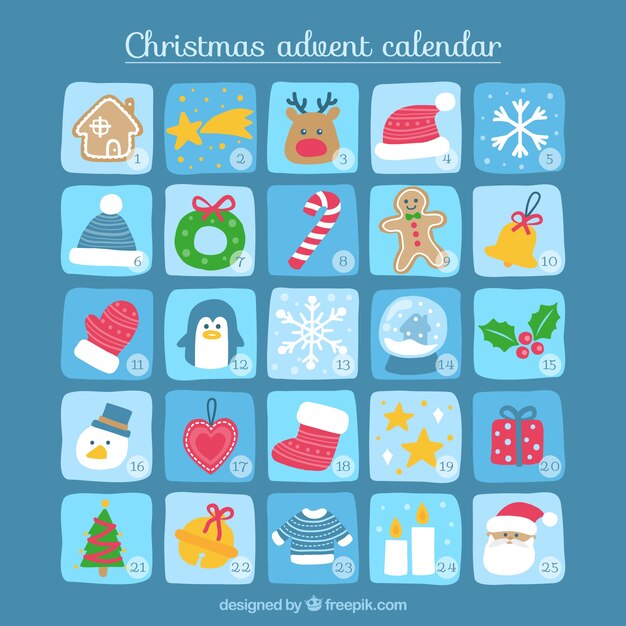 Advent calendar of hand drawn christmas elements