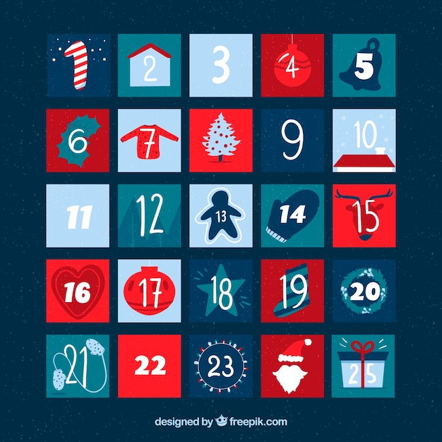 Free Vector advent calendar in light blue, navy blue, turquoise and red