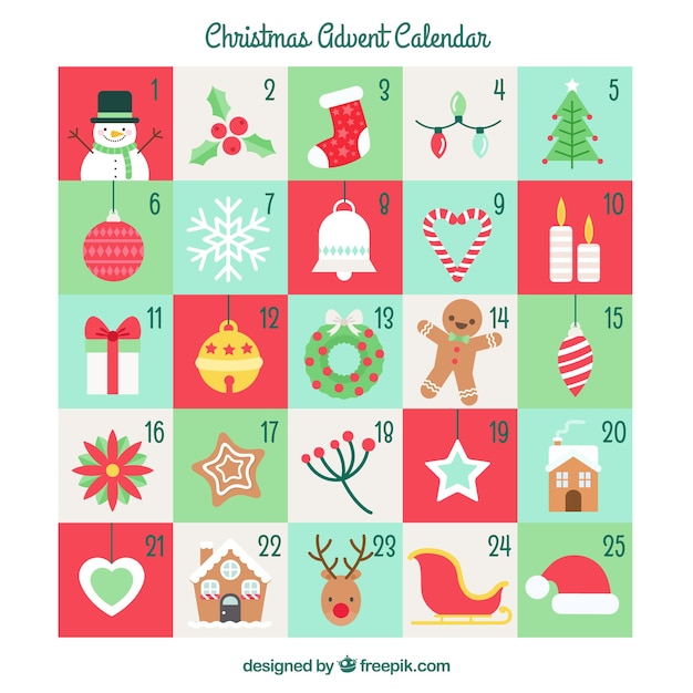 Advent calendar with elements and characters of christmas