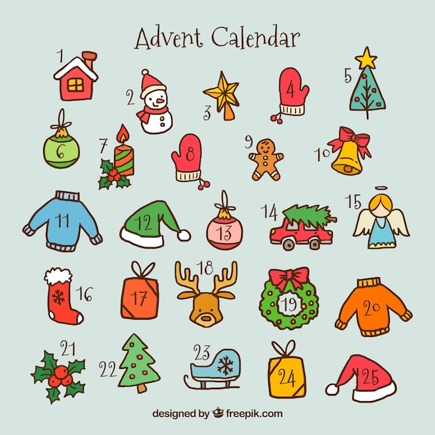 Advent calendar with hand drawn christmas elements