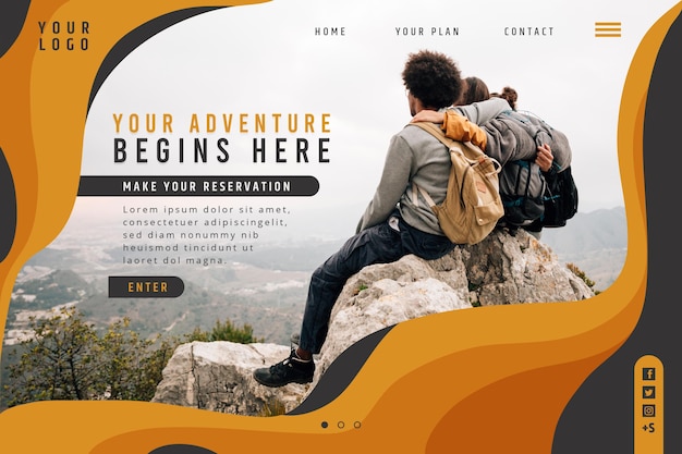 Free Vector adventure landing page template with photo