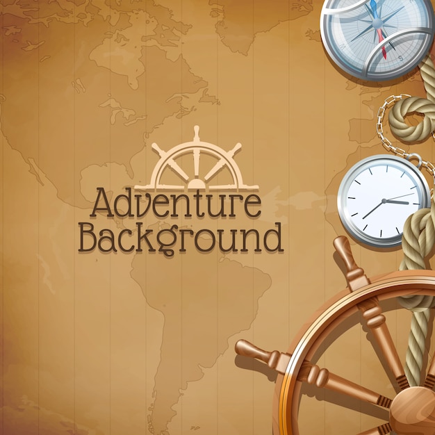 Free Vector adventure poster with retro sea navigation symbols and world map on background