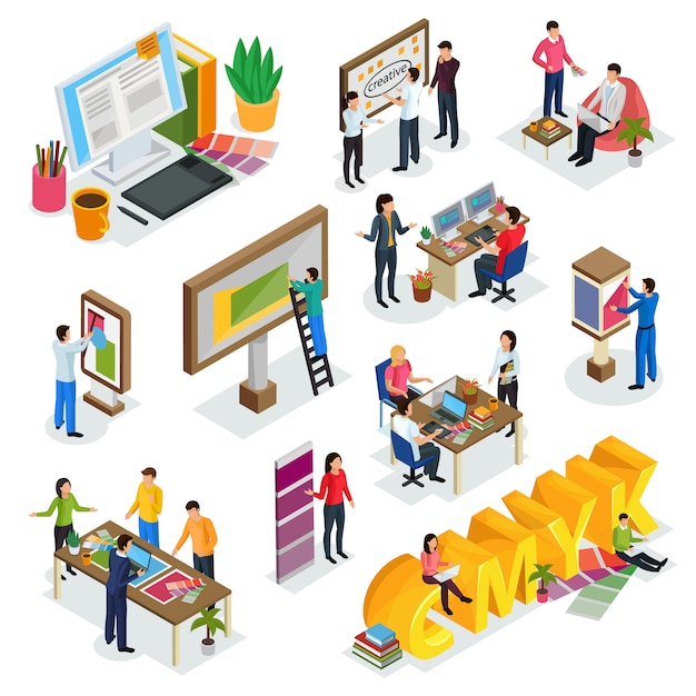 Advertising agency isometric icons with creative team