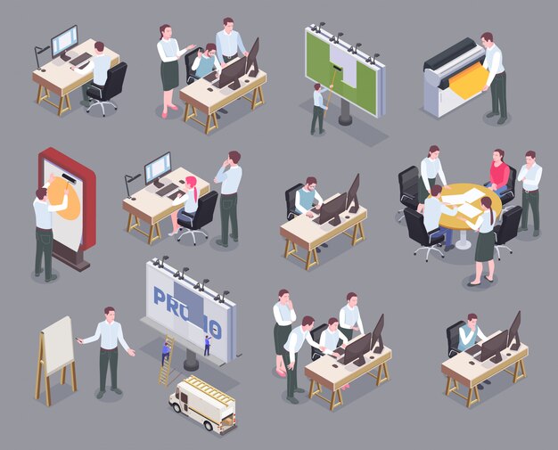 Advertising agency staff at their workplaces isometric icons set isolated on gray background 3d