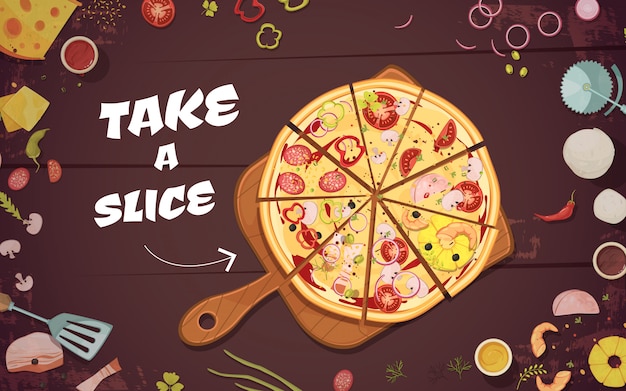 Free Vector advertising of pizza with slices on culinary board and ingredients