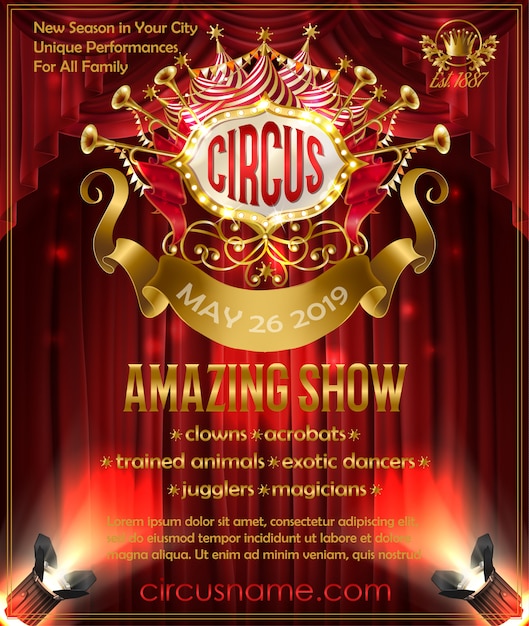 Free Vector advertising poster for circus amazing show, invitation to cirque performance.