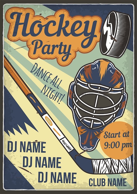 Advertising poster design with illustration of hockey helmet and a club