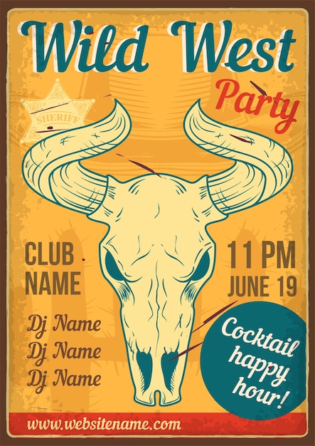 Advertising poster design with illustration of a skull of a bull