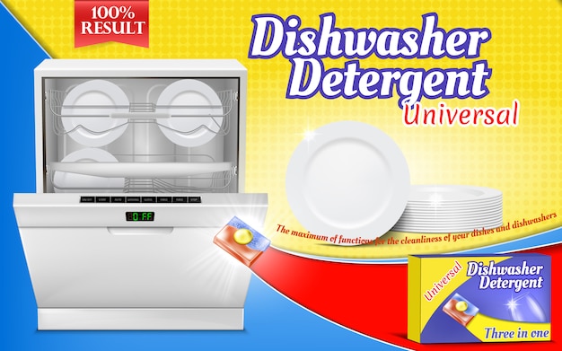 Free Vector advertising poster with dishwashing detergent, dishwasher machine with clean pla